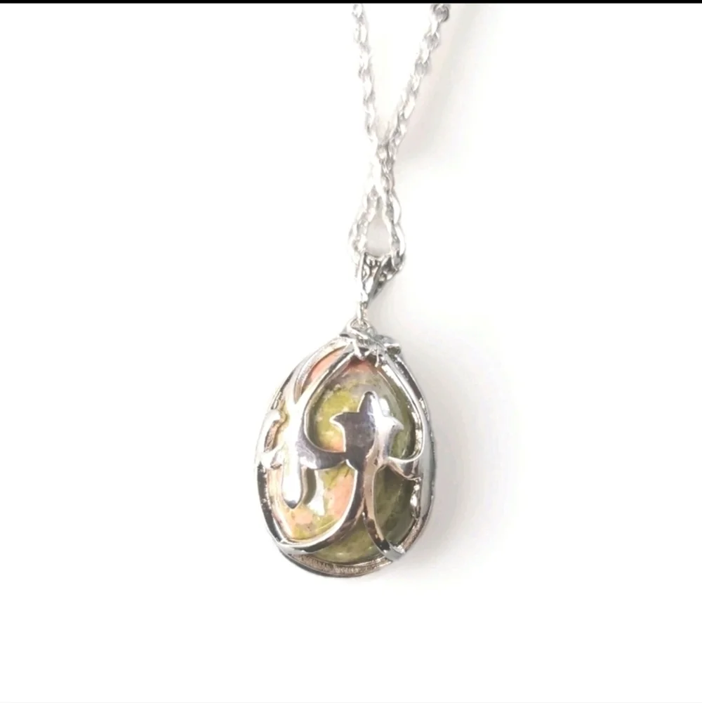 Unakite Egg Pendant Necklace Stainless Steel 20 inch